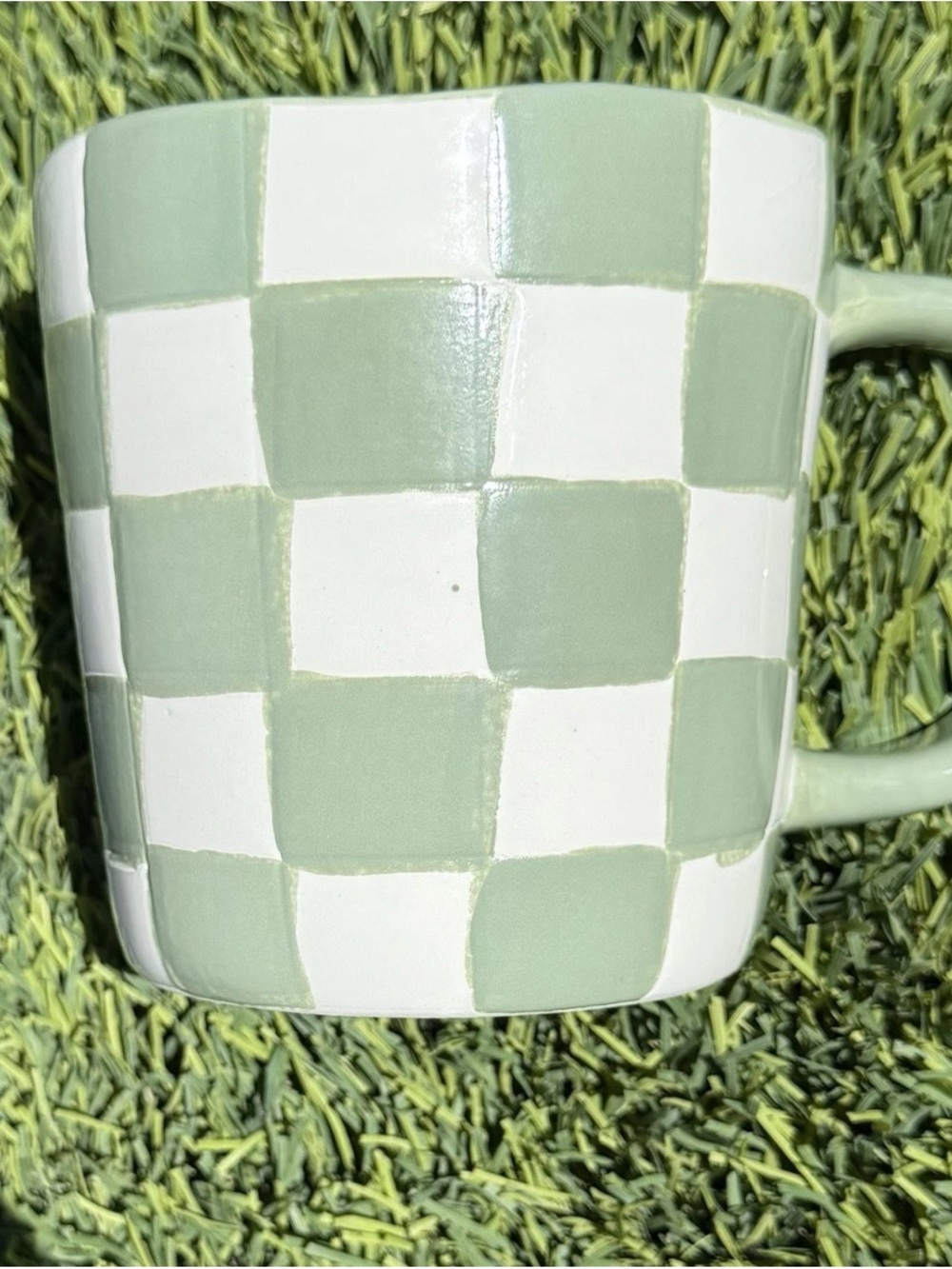 Checkerboard Ceramic Coffee Mug - Sage Green and White